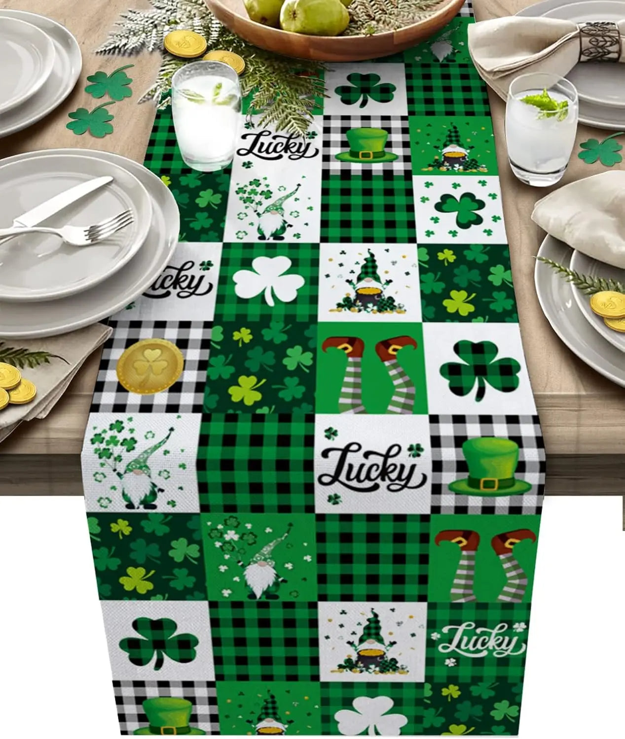 St Patricks Lucky Clover Gnomes Checkered Table Runner