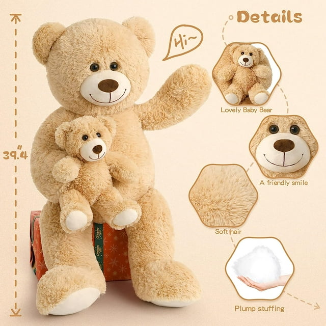 39" Giant Teddy Bear Mommy and Baby Soft Plush Bear Stuffed Animal, Light Brown