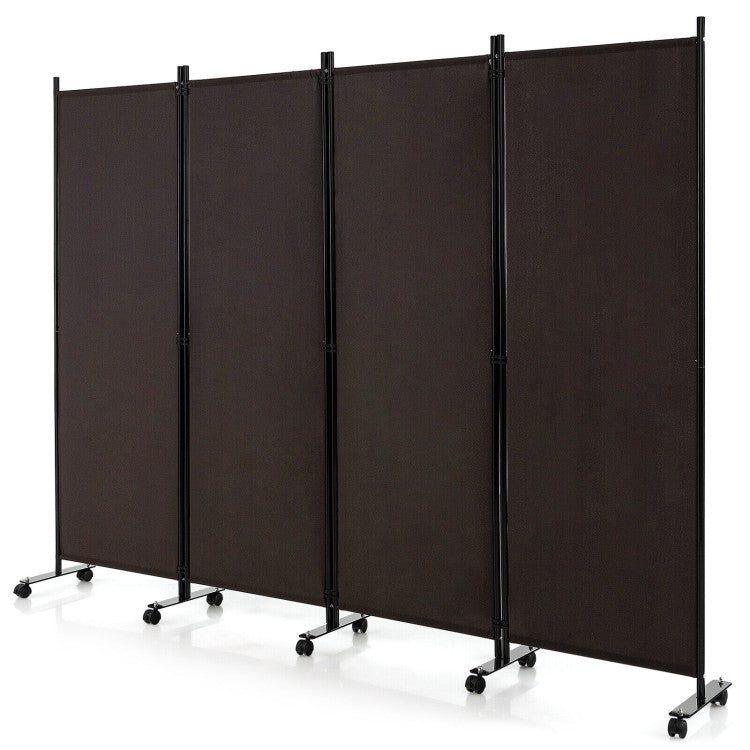 Portable 4-Panel Room Divider Privacy Screen with Rolling Casters (Brown)
