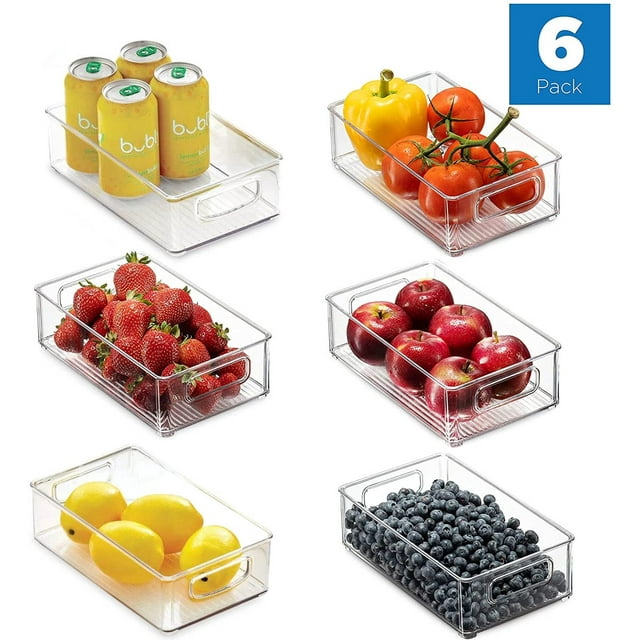 Refrigerator Organizer Bin, Set of 6 Clear Plastic Stackable Fridge Freezer Storage Container