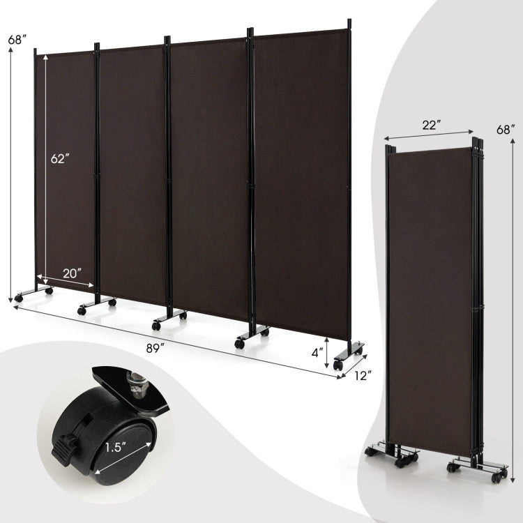 Portable 4-Panel Room Divider Privacy Screen with Rolling Casters (Brown)