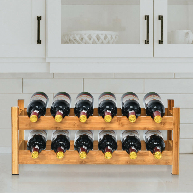 12 Bottles Bamboo 2-Tiers Storage Shelf  Wine Rack