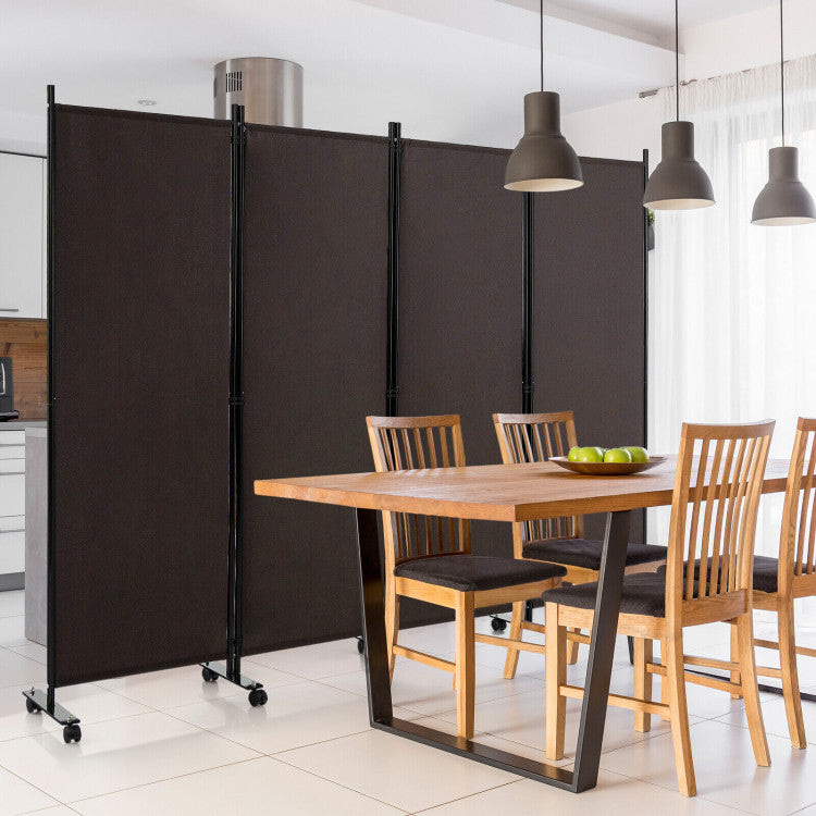 Portable 4-Panel Room Divider Privacy Screen with Rolling Casters (Brown)