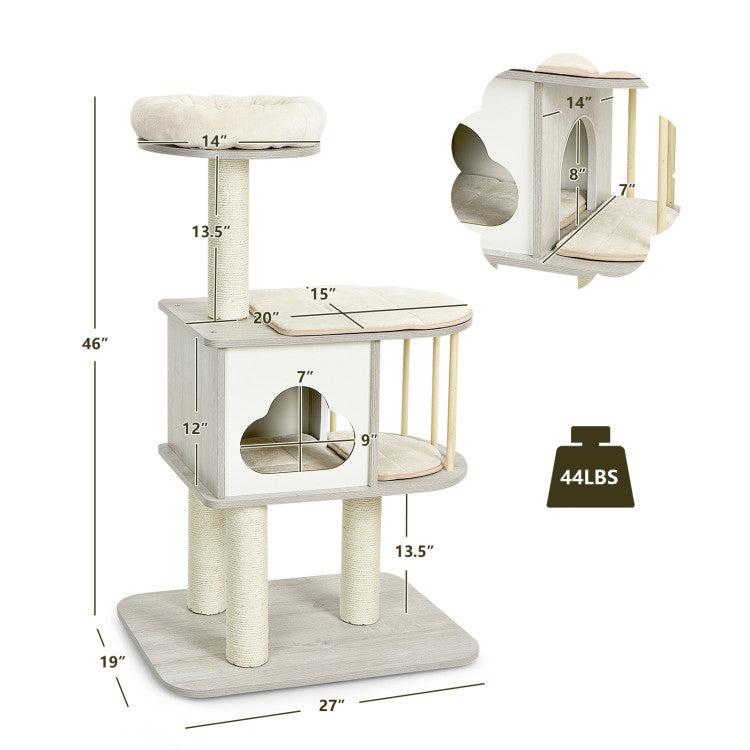 Wooden Cat Activity Tree 46&quot; with Platform and Cushions for Pets