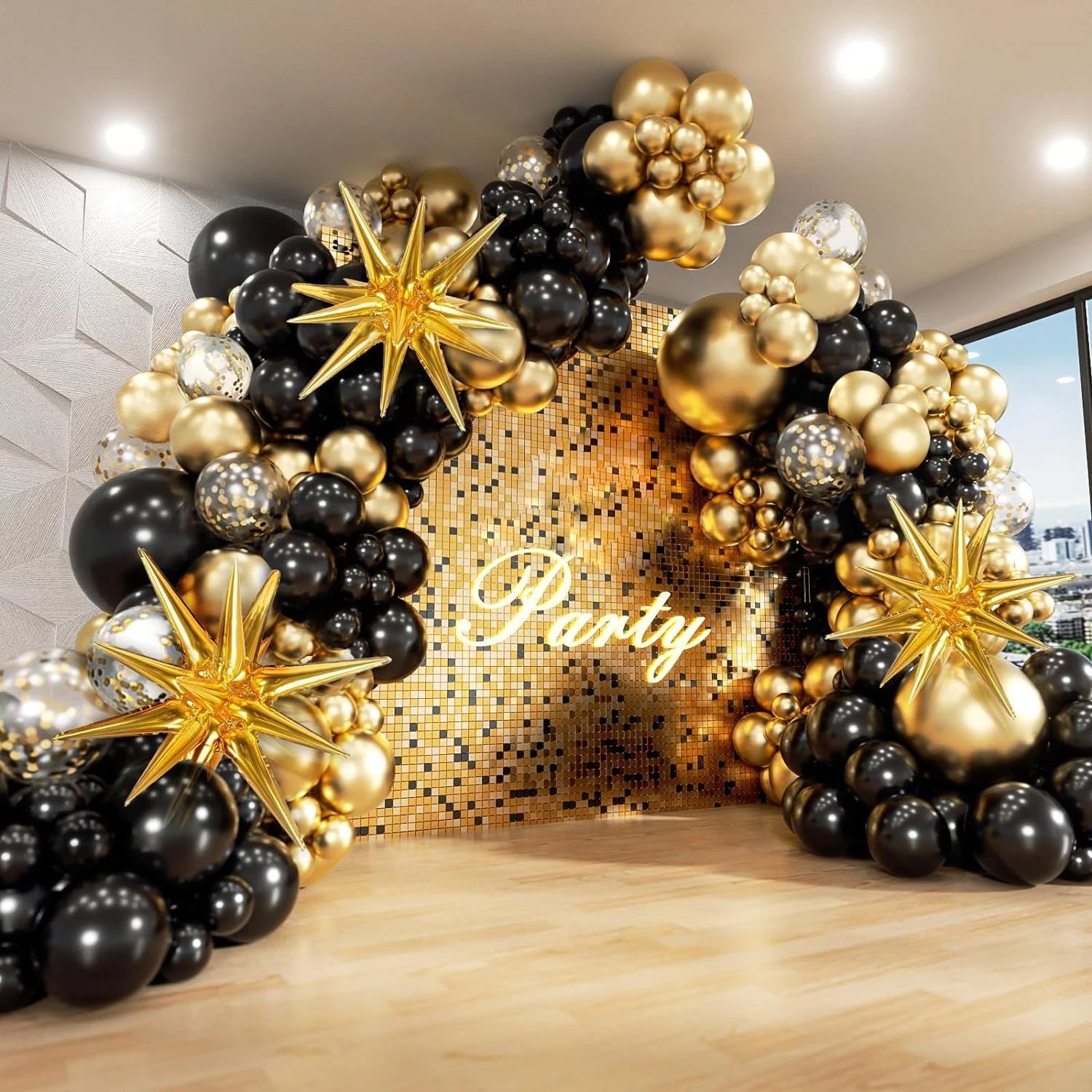 Black and Gold Balloons 121PCS Garland Arch Kit with Starburst Foil Balloons