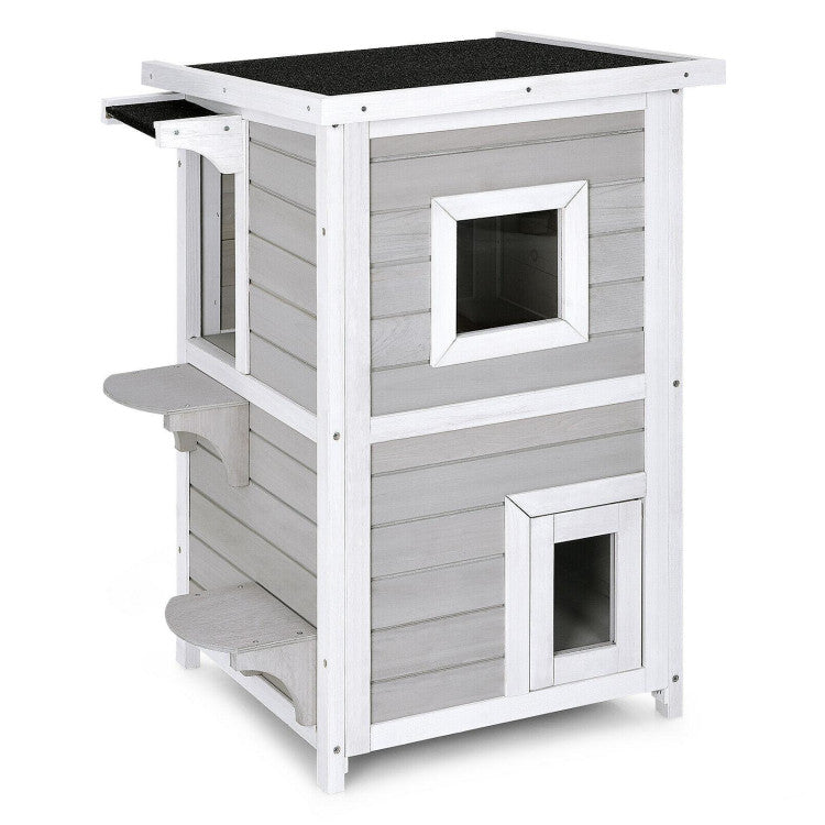 Rainproof 2-Story Wooden Cat House with Escape Door