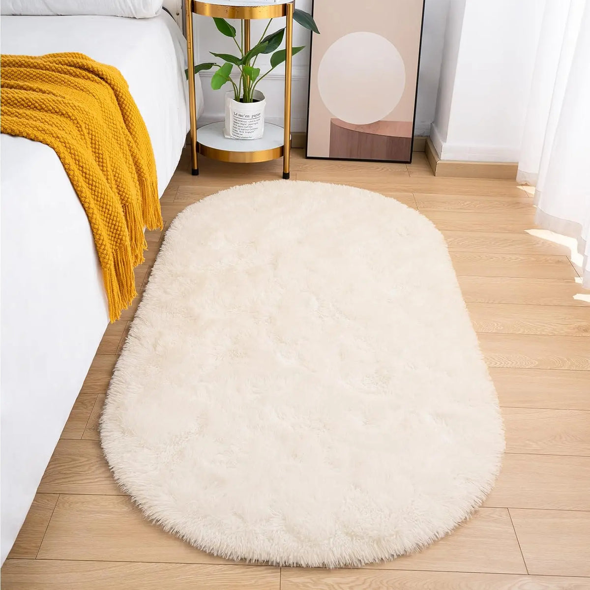 Oval Fluffy Area Rug Ultra Soft Plush Shaggy Carpet for Bedroom (White)