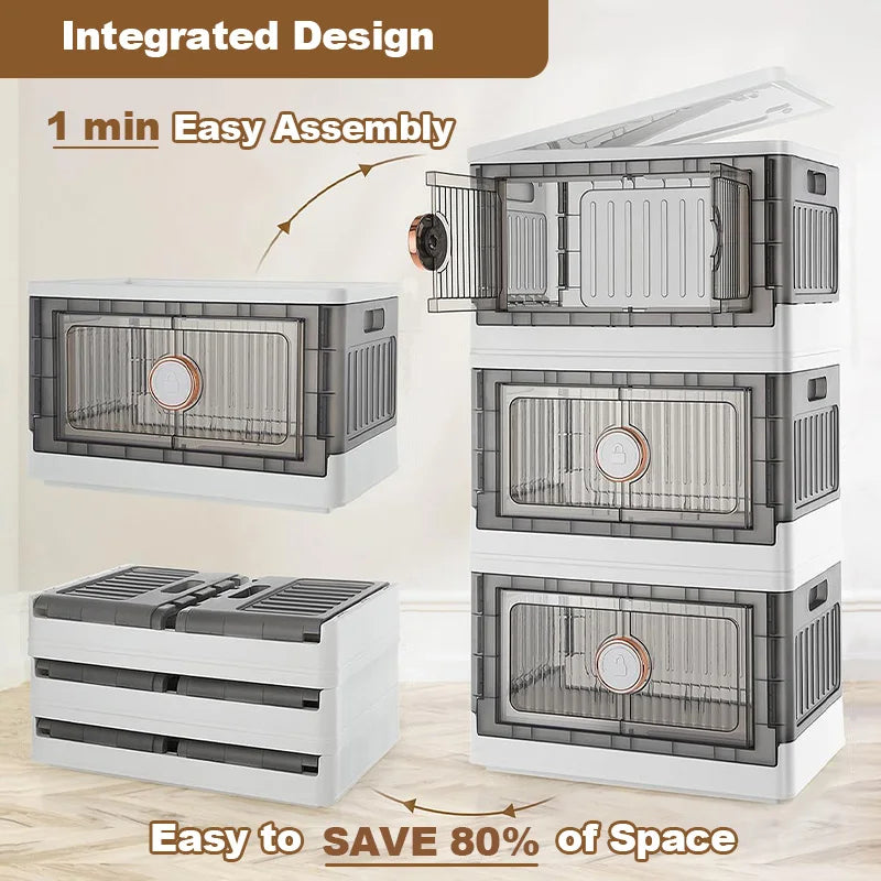 Foldable Swivel Lock Storage Cabinet 1-Tier Plastic Organizer for Home Office (White)