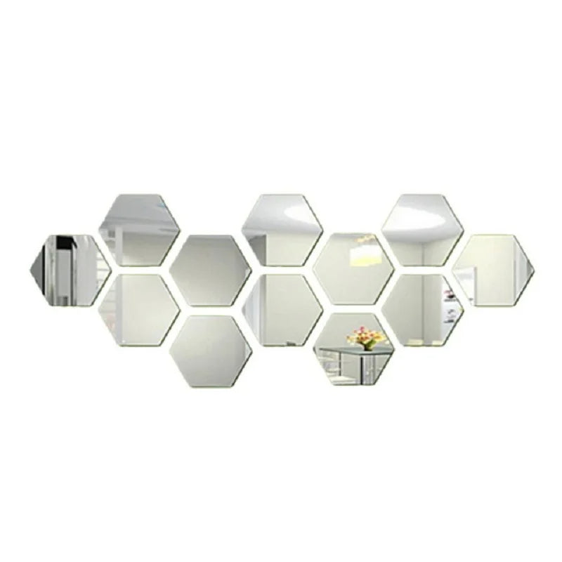 3D Hexagon Mirror Wall Sticker 12PCs DIY TV Background Living Room Stickers (Silver)