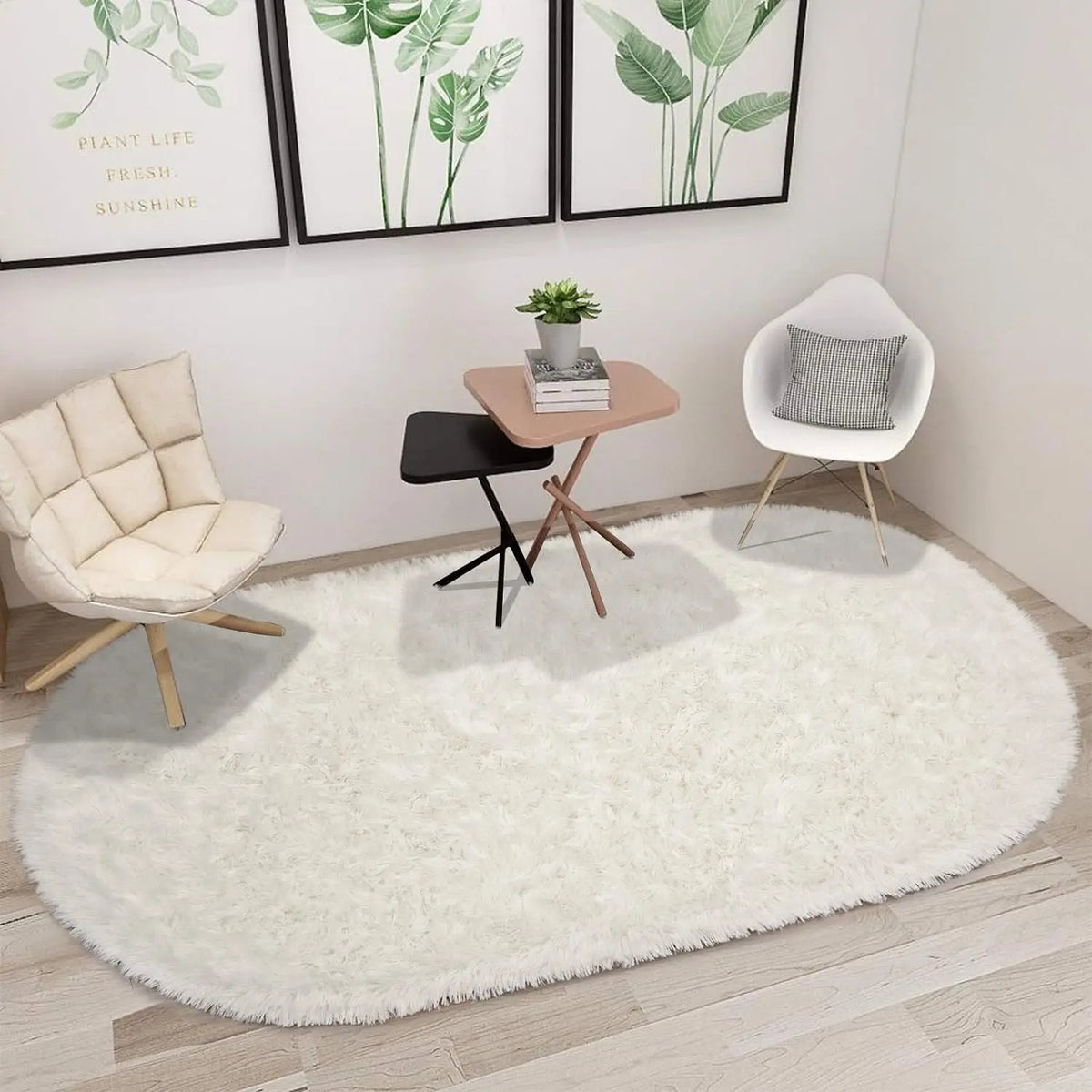Oval Fluffy Area Rug Ultra Soft Plush Shaggy Carpet for Bedroom (White)