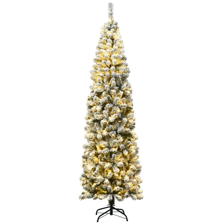 Snow Flocked Pre- Lit Artificial Pencil Christmas Tree with LED Lights (7.5 Feet)