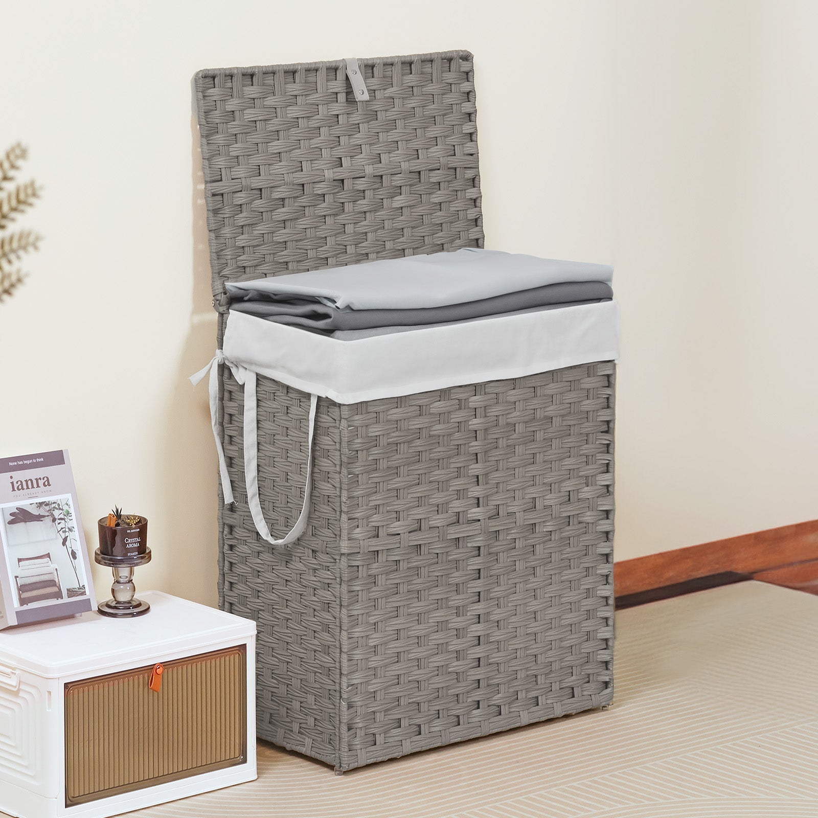 Foldable Rattan Laundry Hamper 110L with Handles & Liner (Gray)