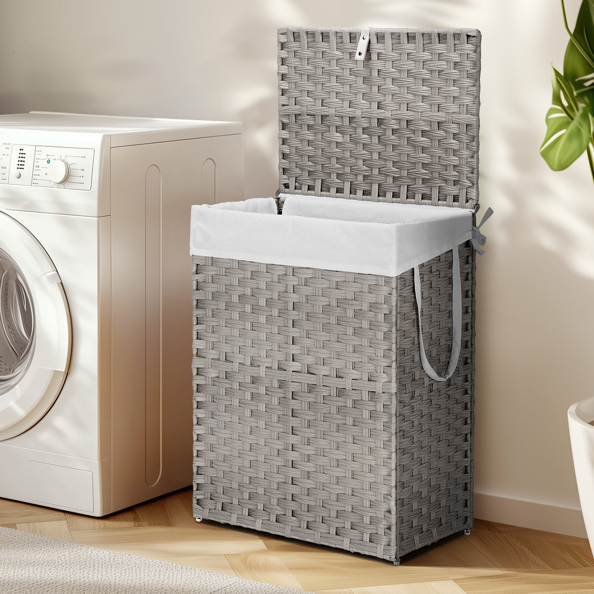 Foldable Rattan Laundry Hamper 110L with Handles &amp; Liner (Gray)