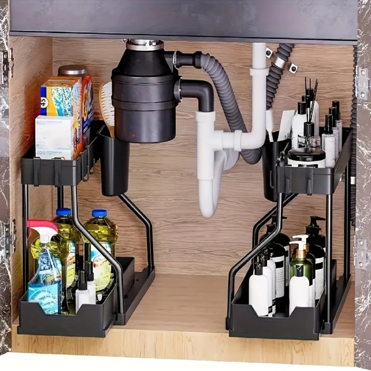 2-Tier Sliding Cabinet Drawer for Kitchen Bathroom