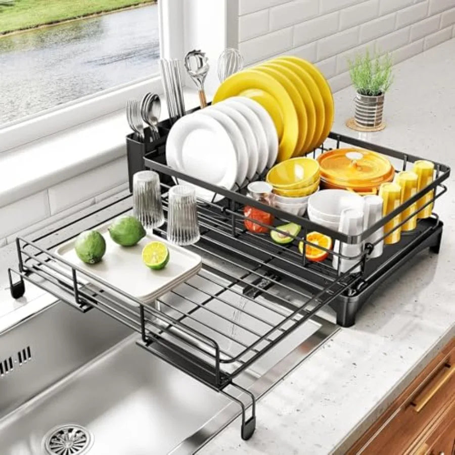Space-Saving 2-in-1 Dish Drying Rack (Black Metal)