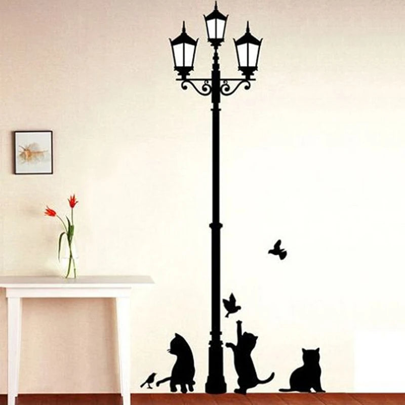 DIY Popular Ancient Lamp Cats and Birds Wall Sticker Cartoon Wall Mural Home Decor