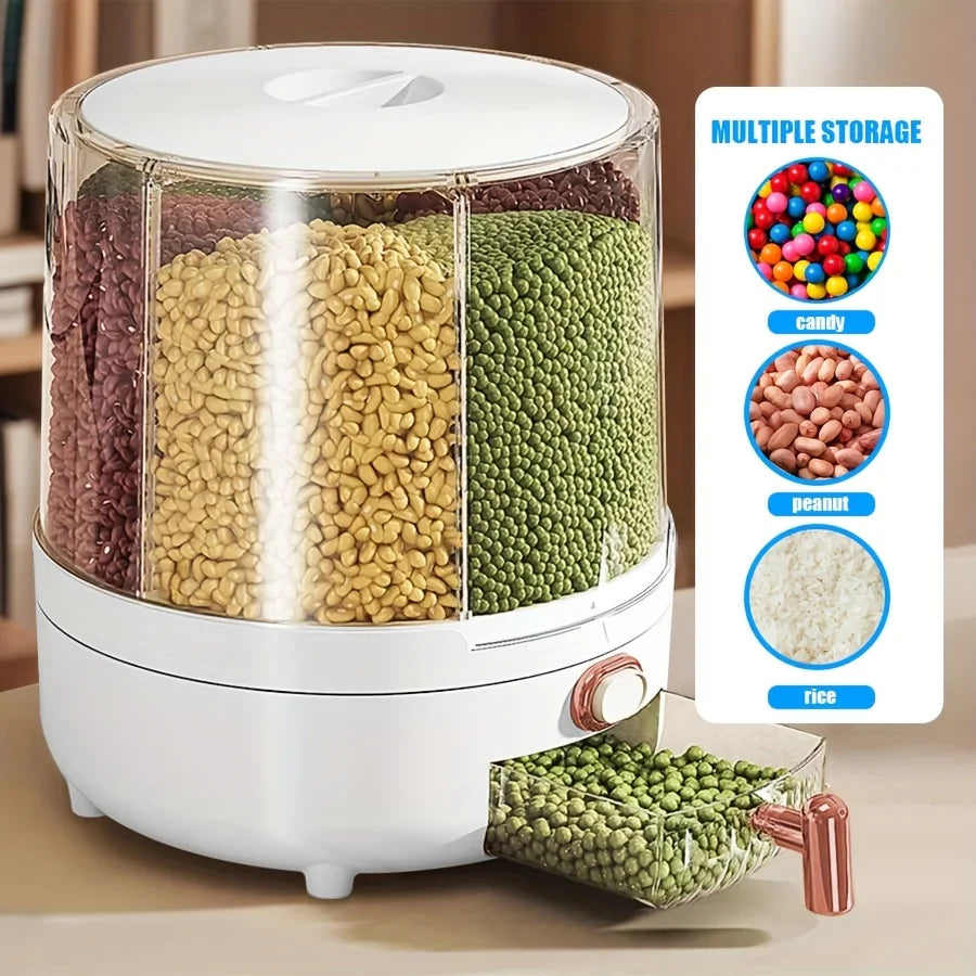 Large 6-Compartment Rotating Food Dispenser – 25Lb Capacity Grain Storage Box