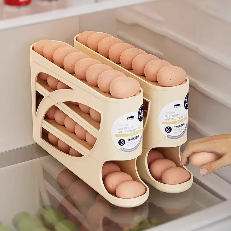 4-Tier Sliding Egg Dispenser – Automatic Rolling, Shatterproof Refrigerator Storage Rack for Space-Saving Kitchen Organization