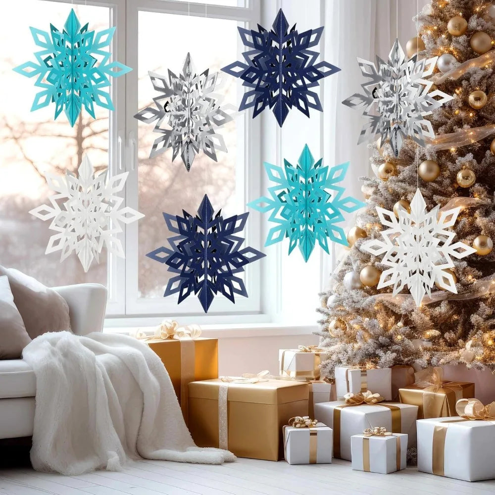 Winter Party Decorations: 8 Count 12" Glittery 3D Paper Snowflake Ornaments – Large Hanging Snowflake Garland