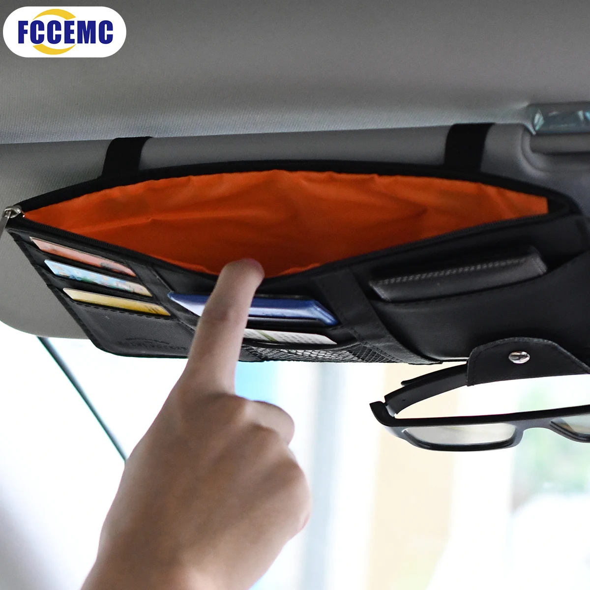 Car Glasses Storage PU Leather Multi-Function Sun Visor Point Organizer (Black)