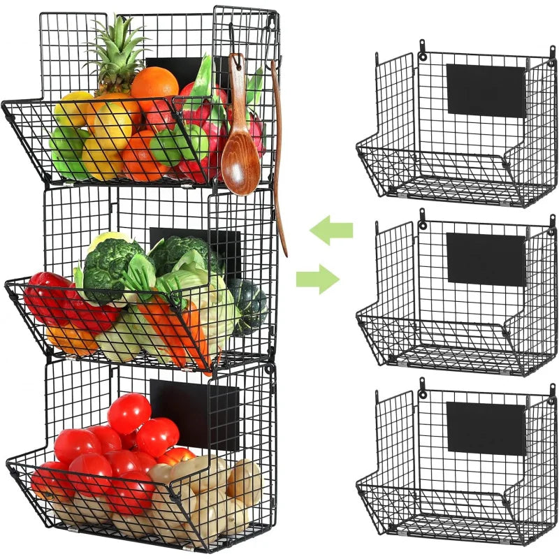 3 Tier Metal Wire Wall Mount Basket Rustic Kitchen Fruit Bin &amp; Bathroom Storage Rack