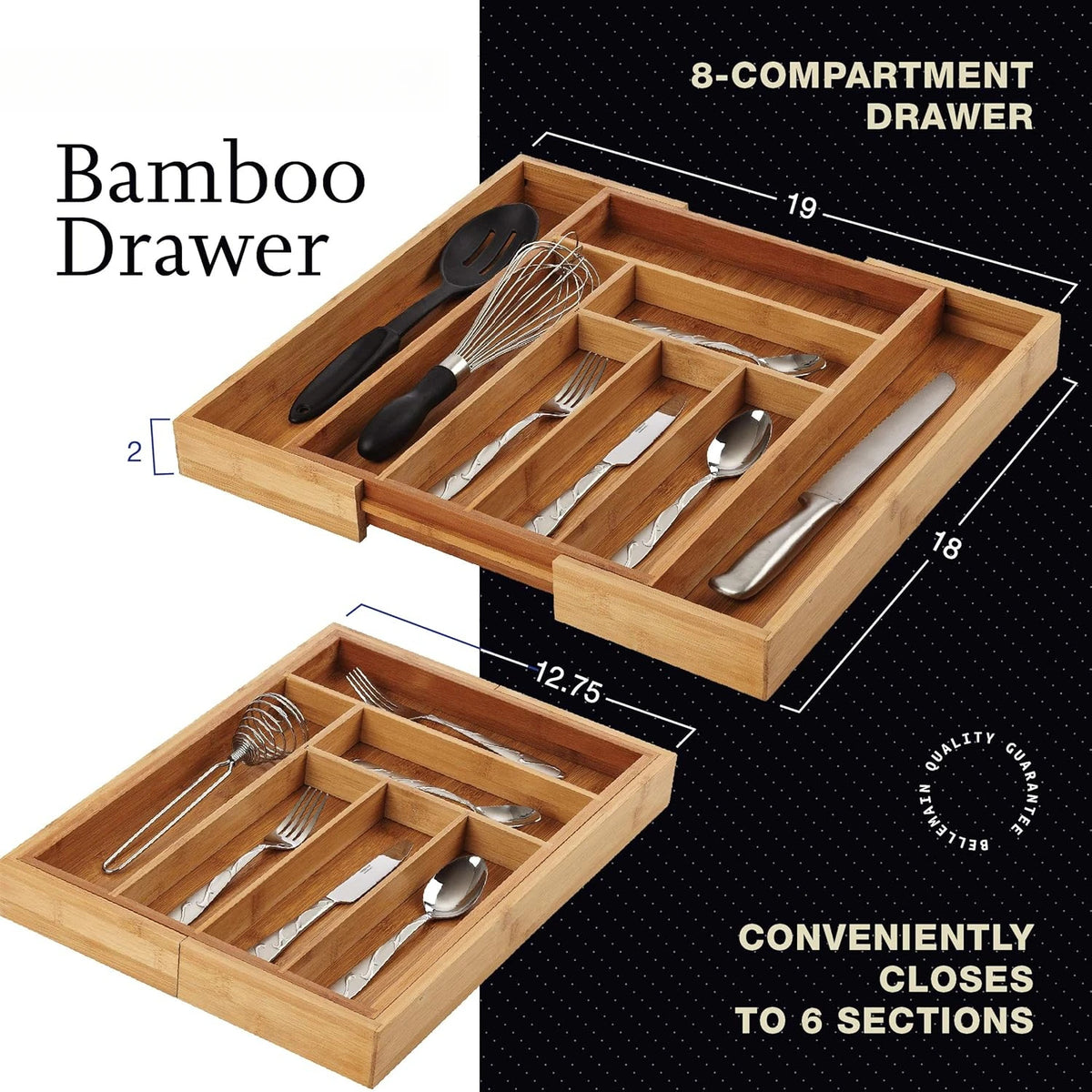 Expandable Bamboo Drawer Organizer for Kitchen Utensils