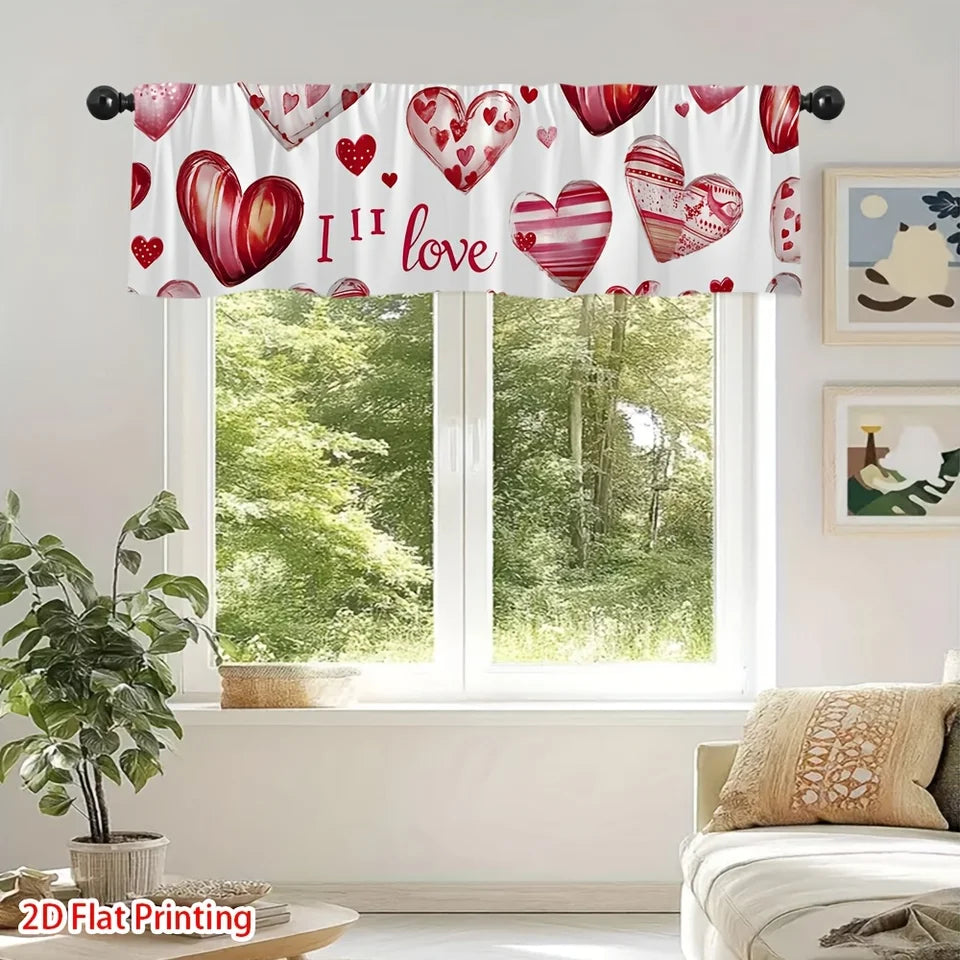 Romantic Red Heart Window Valance – Festive Heart Patterned Short Curtain