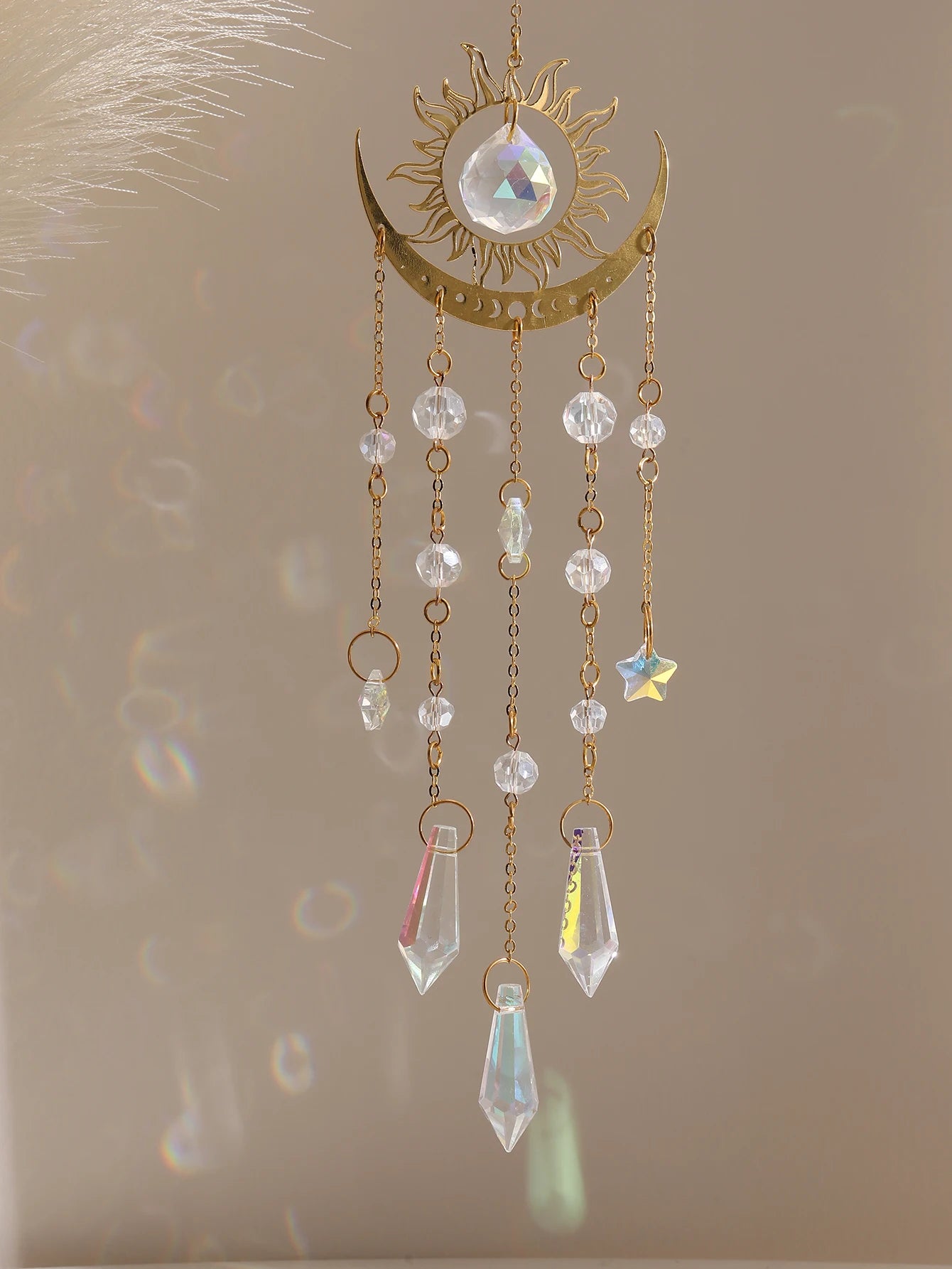 Gold Crystal Suncatcher with Rainbow Effect for Outdoor Spaces