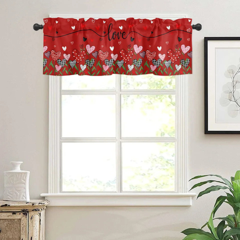 Valentine's Day Heart Window Valance – Red & White "Love" Script Curtain