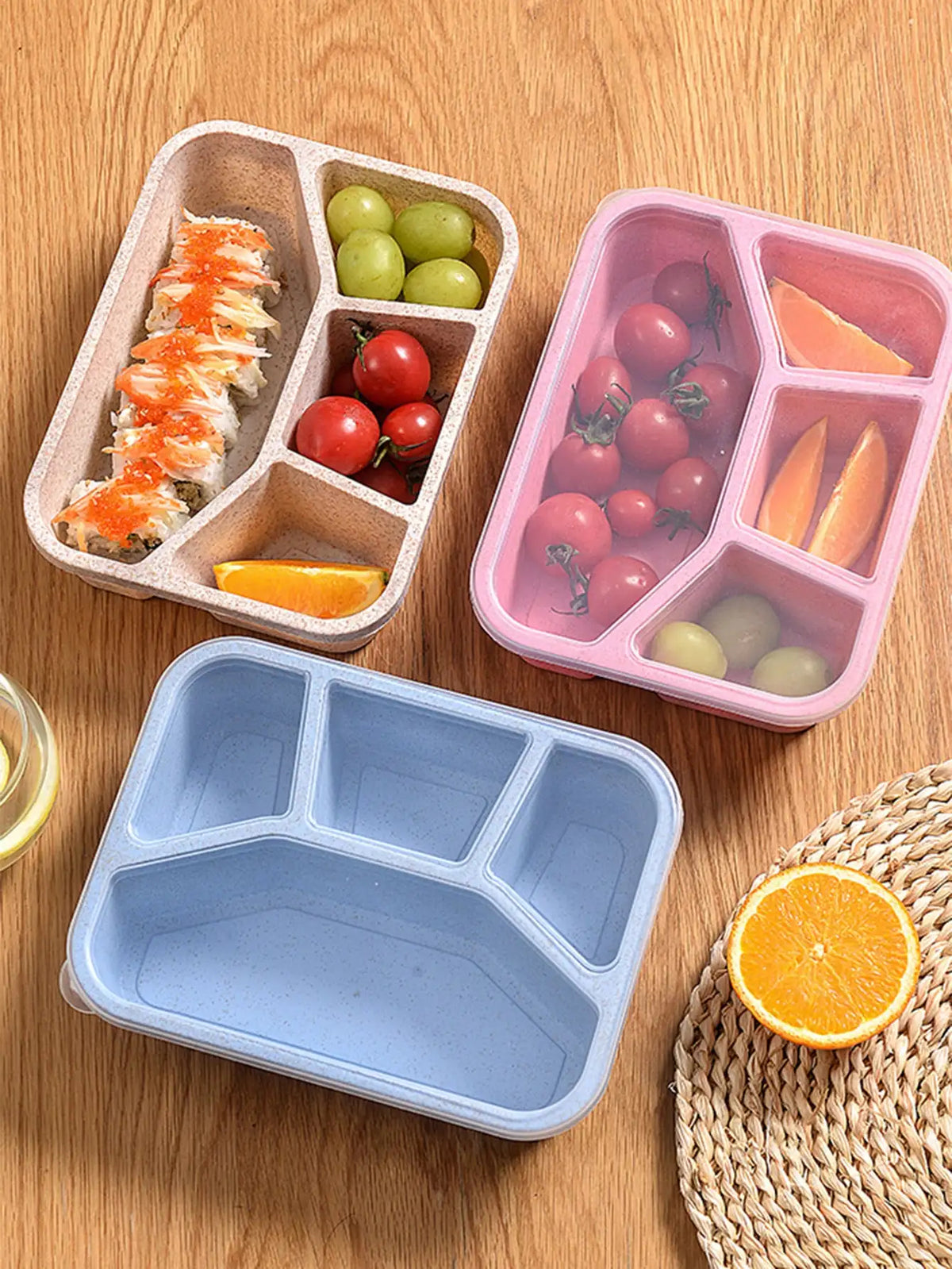 Microwaveable 4-Compartment Bento Box – Japanese Style Square Lunch Container Made from Wheat Straw for Office &amp; School (Blue)