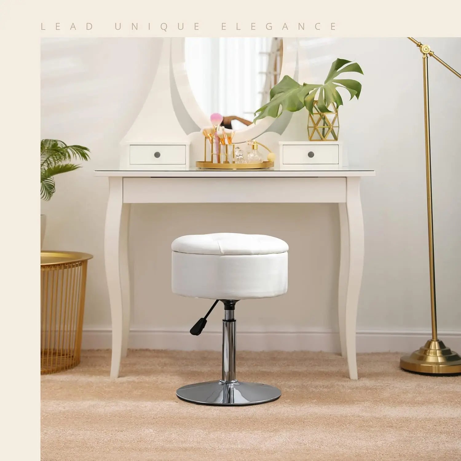 Faux Leather Vanity Chair with Storage Height Adjustable Makeup Stool (Black)