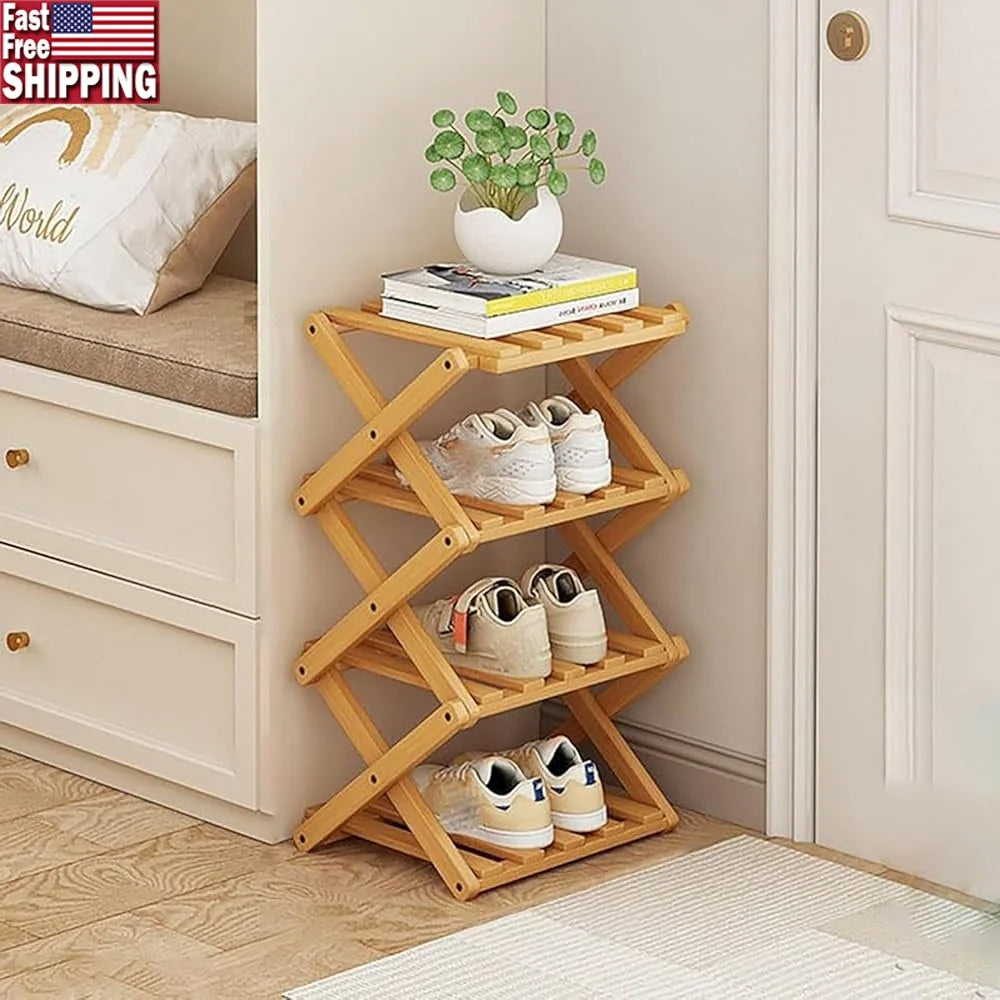 4-Tier Bamboo Shoe Rack Foldable Space Saving Organizer