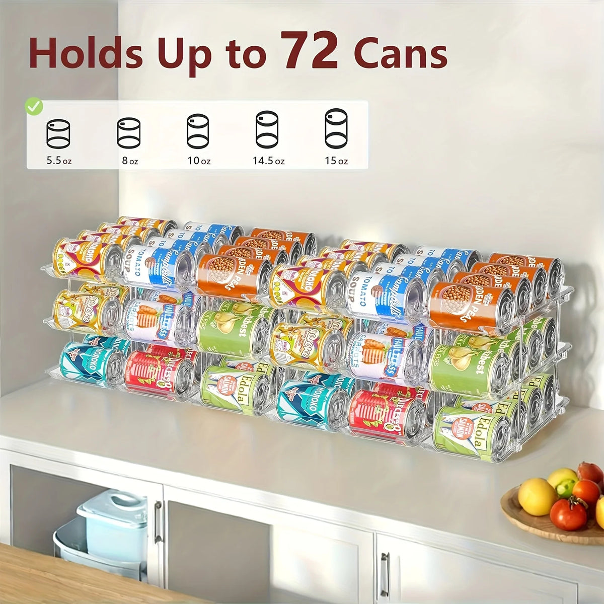 Stackable Clear Plastic 3-Tier Rolling Can Organizer 36-Capacity