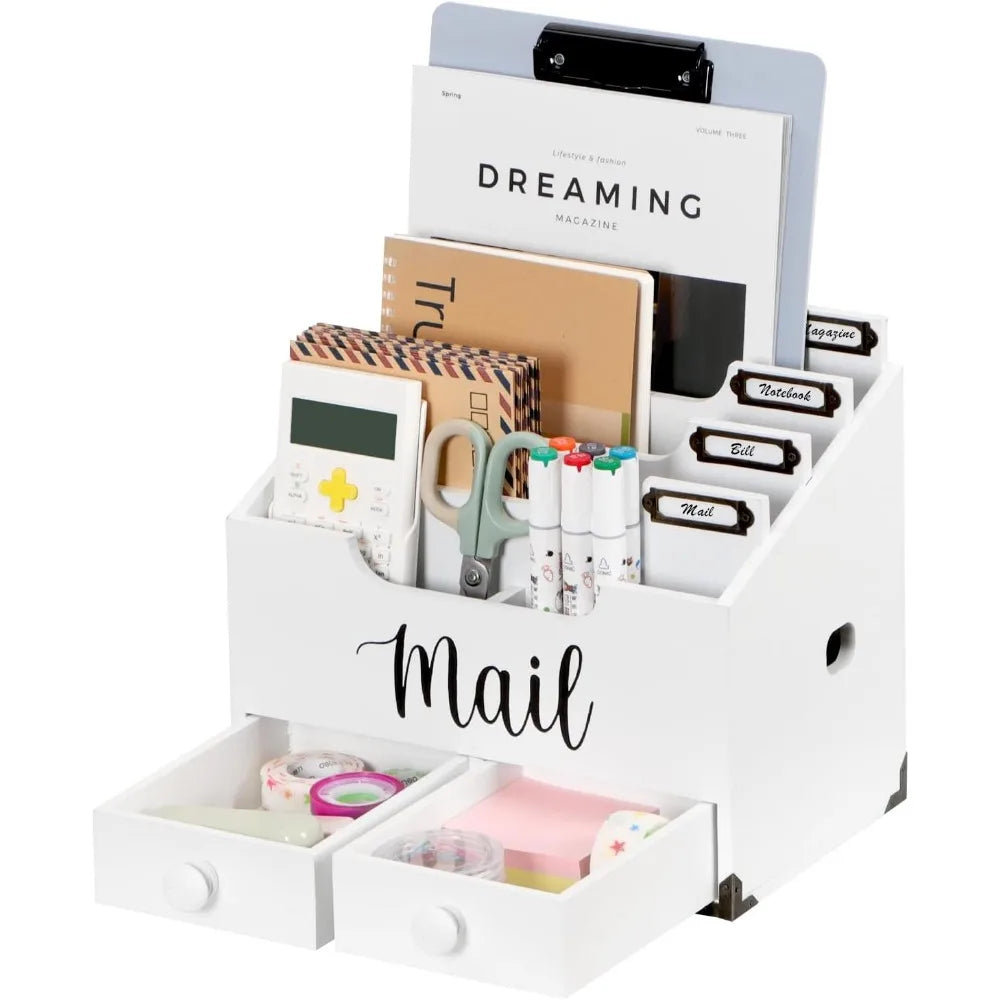Wood Desktop Mail Organizer with 2 Drawers – 4 Compartment Desk Accessory Sorter for Home Office (White)
