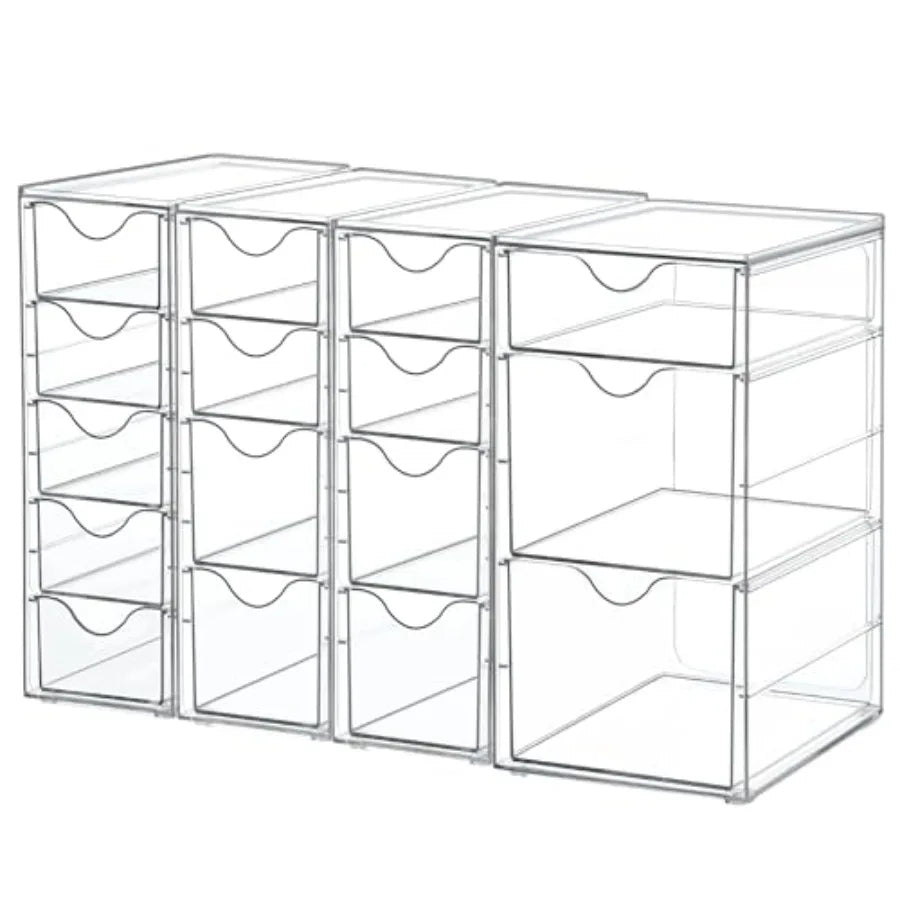 16-Drawer Clear Acrylic Organizer (4-Piece Set) Desk Storage Solution for Office Supplies, Makeup, and Jewelry Organization