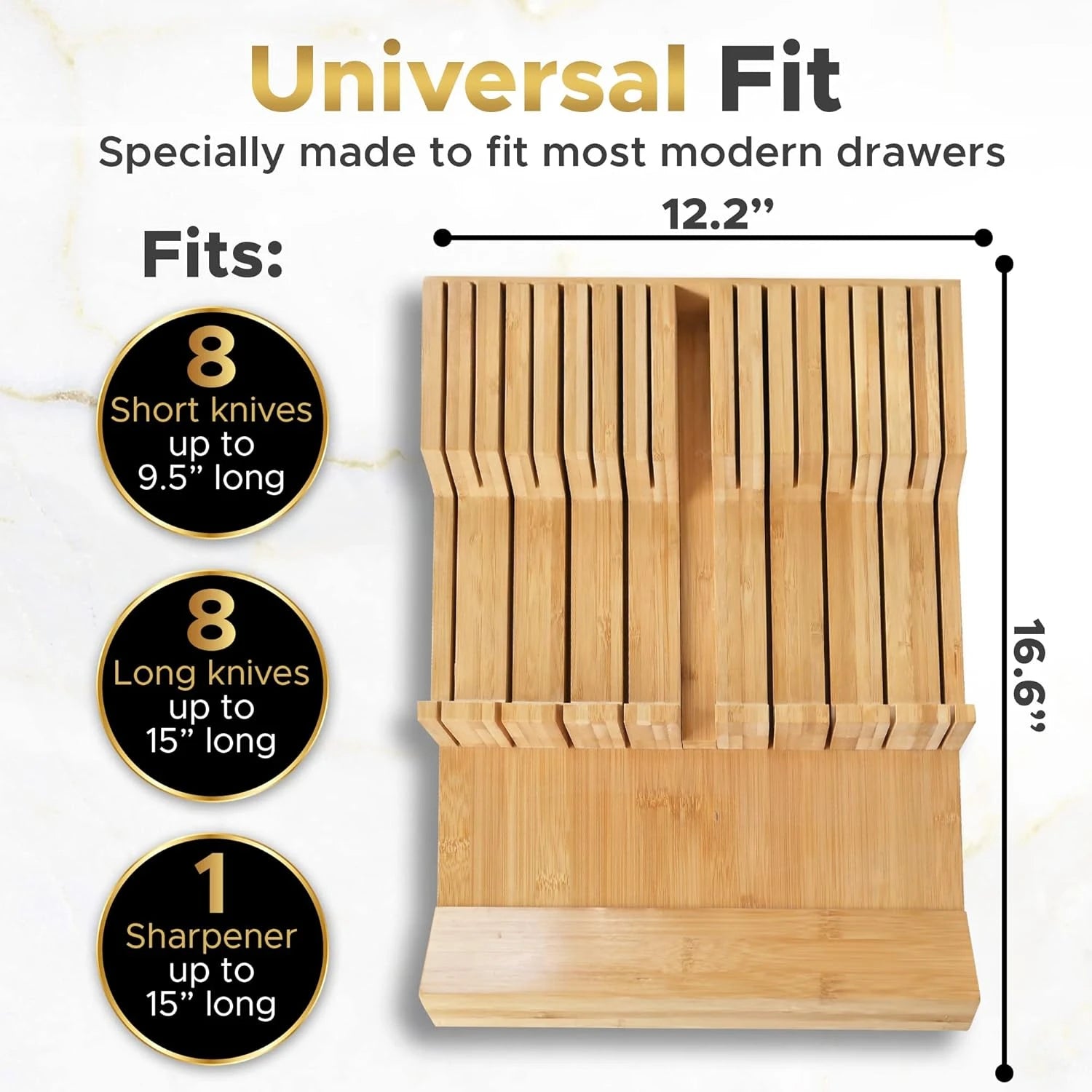 Bamboo In-Drawer Knife Organizer with Sharpener Slot