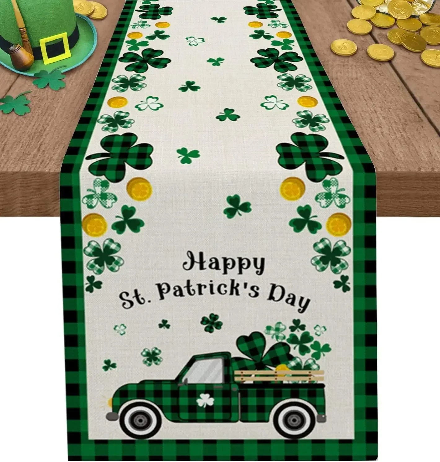 Lucky Shamrock Table Runner Green Plaid Linen St. Patrick's Day Party Decor