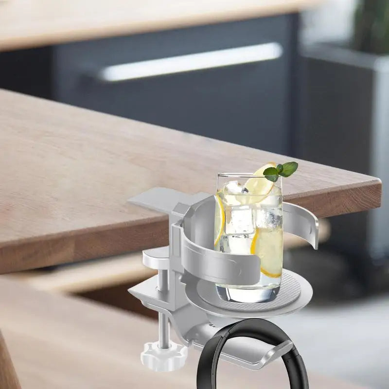 Clip-On Desk Cup Holder with Headphone Hook Rotating Game Desk Accessory (Black)