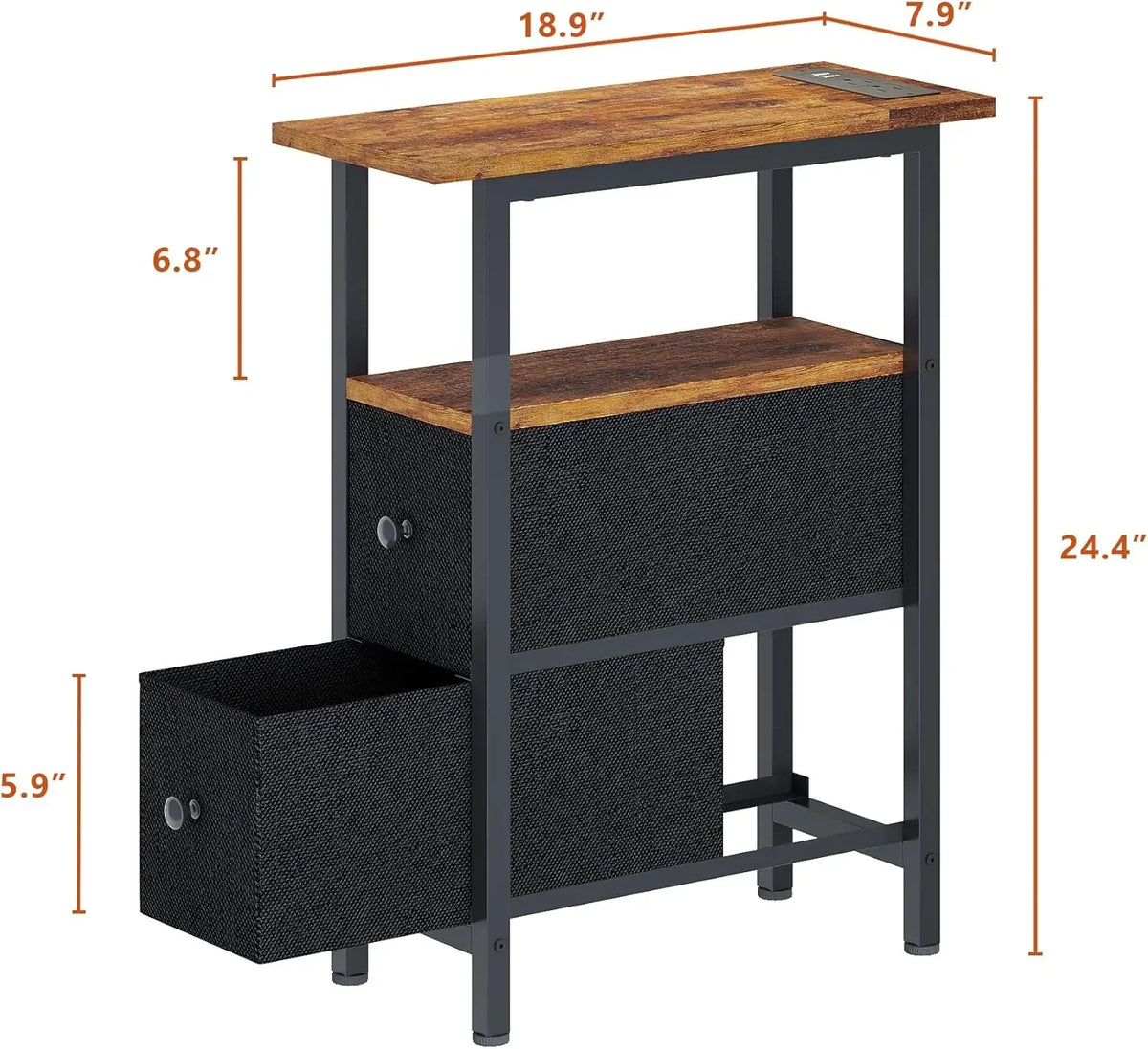Slim Bedside Table with 2 Fabric Drawers for Living Room Side Coffee Table