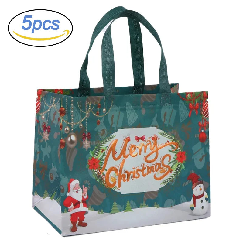 5Pcs Christmas Gift Bags Non-Woven Santa Claus Handle Bag (Blue)