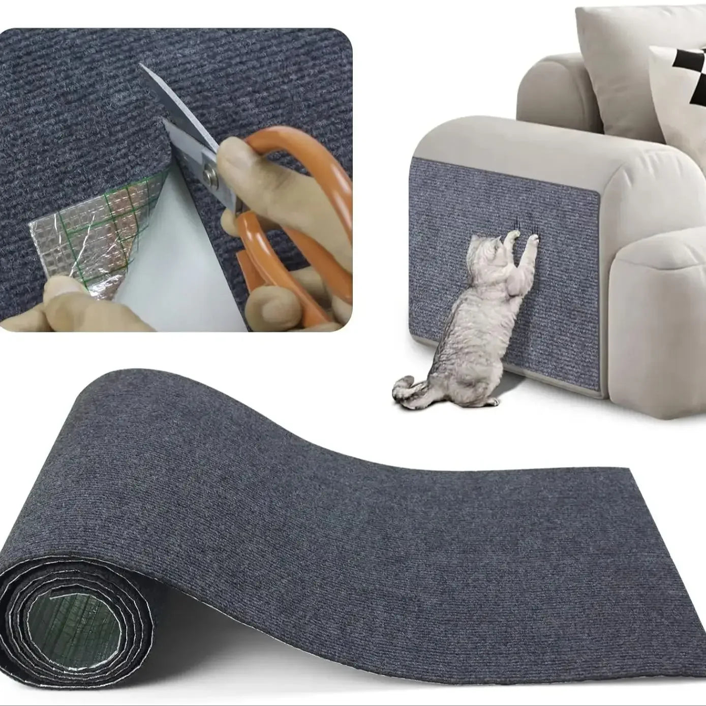 Trimmable Cat Scratching Mat Self-Adhesive Carpet Scratcher, Light Gray (30x30CM)