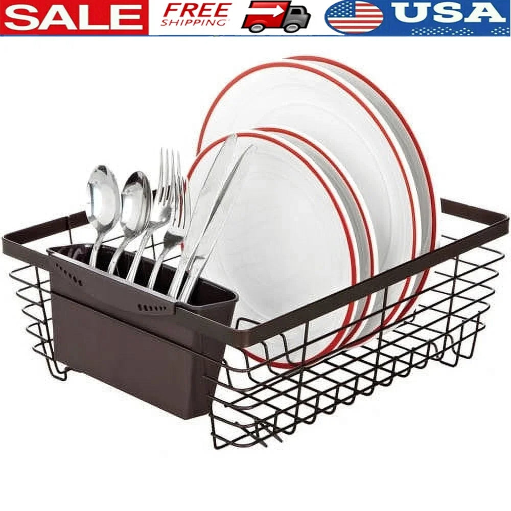 Flat Wire Dish Drying Rack with Cutlery Basket &amp; Drain Tray