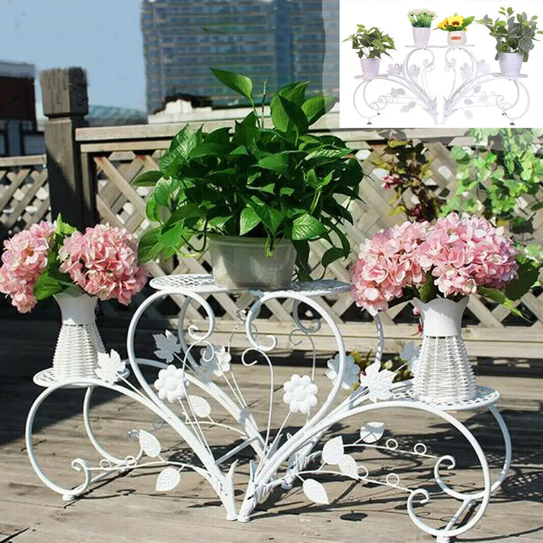 Metal Plant Stand Flower Display Rack Shelf for Garden (White)