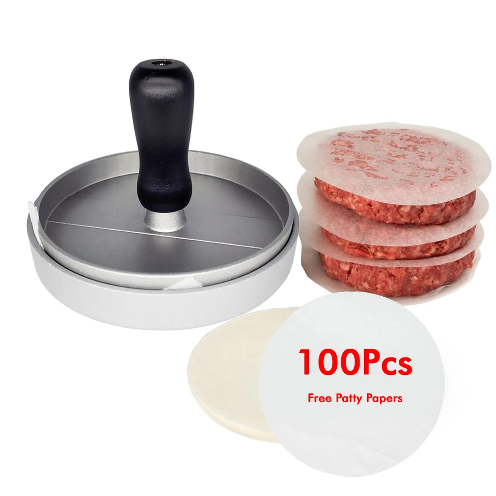 Burger Press Patty Maker Stainless Steel Non-Stick with 100 Patty Papers