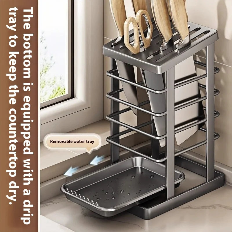 Multifunctional Countertop Kitchen Knife Block and Storage Rack (Grey)