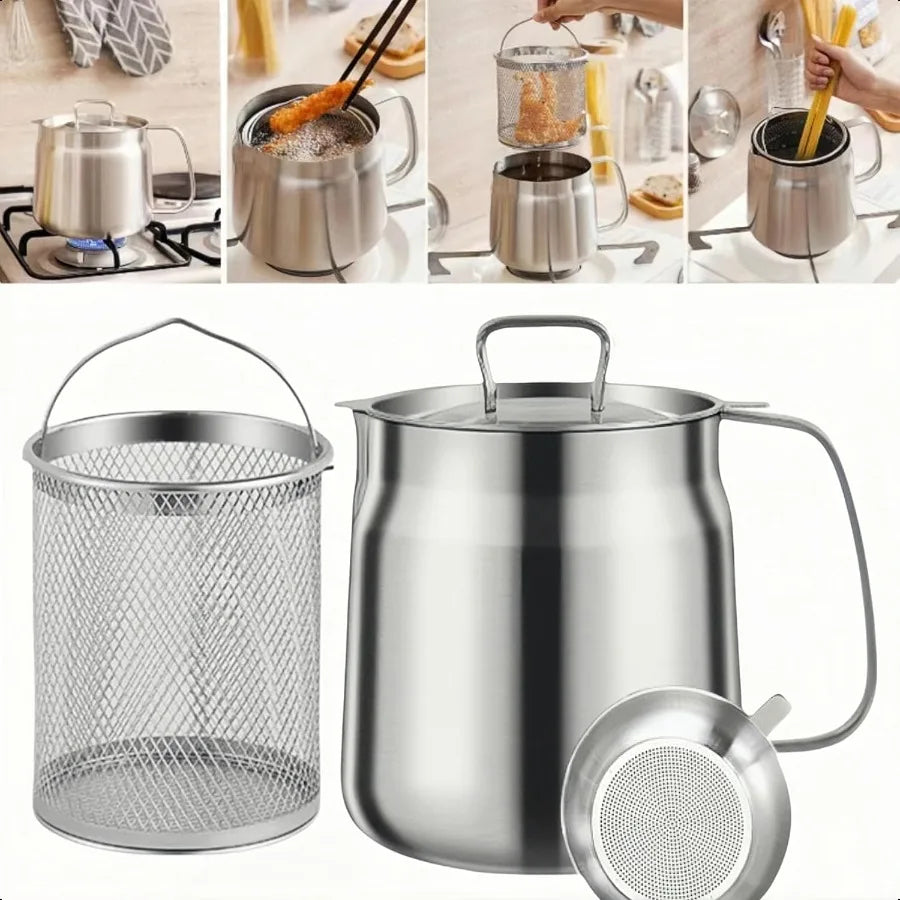 Frying Oil Pan with Basket Strainer and Bacon Grease Container for Kitchen Camp