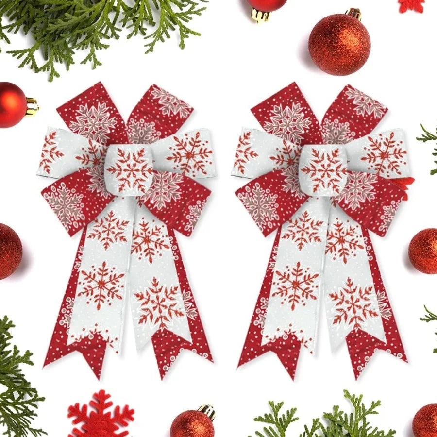 Glitter Red and White Burlap Christmas Bows (Set of 2) Snowflake Design Wreath