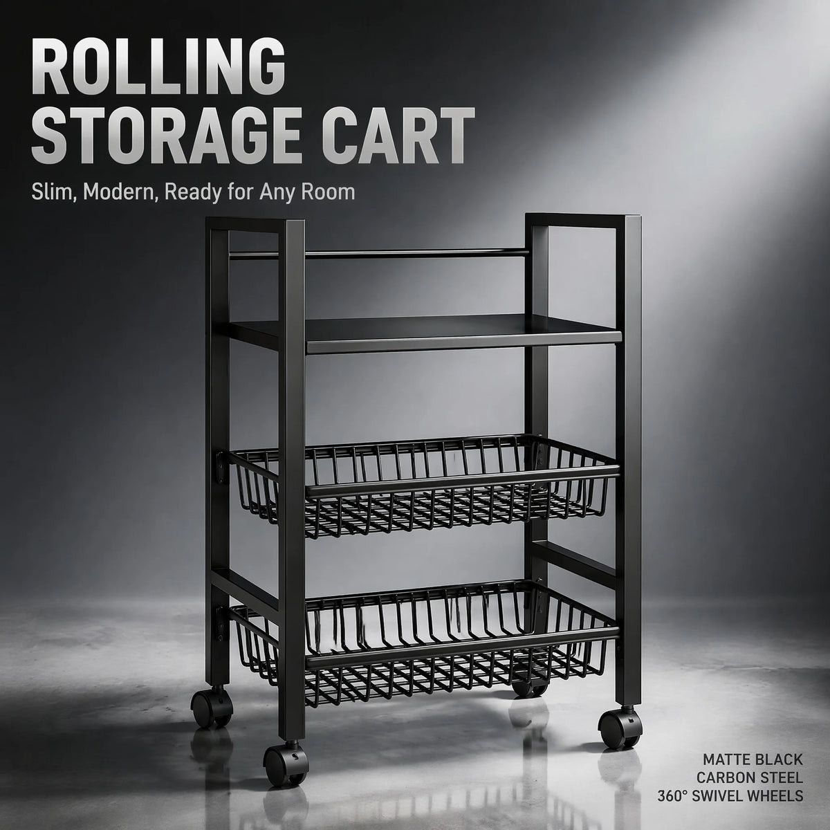 3-Tier Rolling Storage Cart with Wheels, Mobile Utility Organizer with Flat Top Shelf &amp; 2 Wire Baskets, Metal Kitchen, Bathroom &amp; Laundry Cart