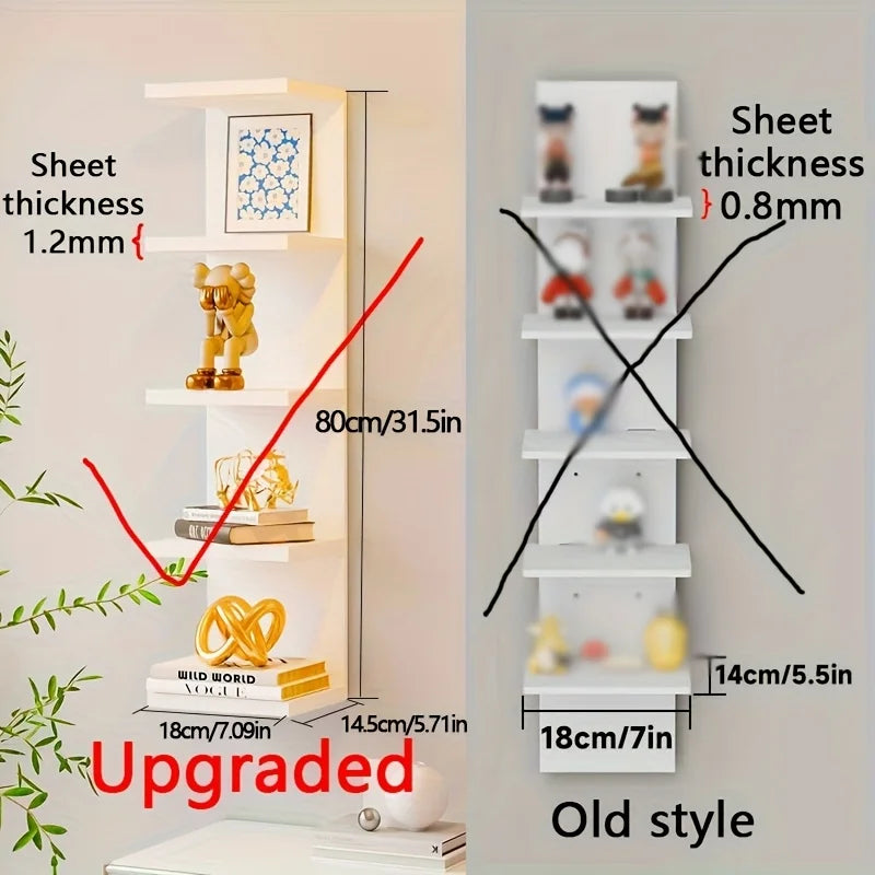 5-Tier Wall Mounted Storage Rack, 31.5-Inch Tall Floating Wall Shelf, Space-Saving Decorative Display Organizer for Bedroom, Living Room &amp; Home (White)