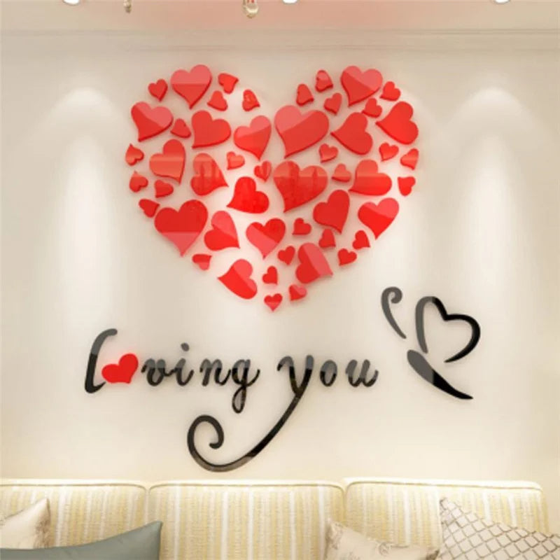 Love Heart Acrylic Wall Sticker DIY 3D Mirror Acrylic Wall Stickers (Red)